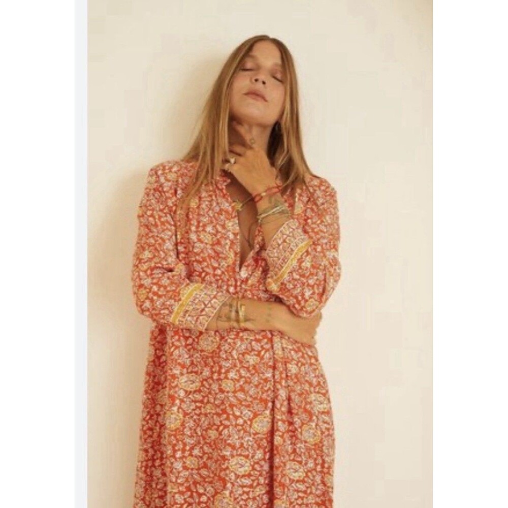 Natalie Martin Size M 100% Silk Dress Long Sleeve Kaftan A-Line Maxi V-Neck Boho